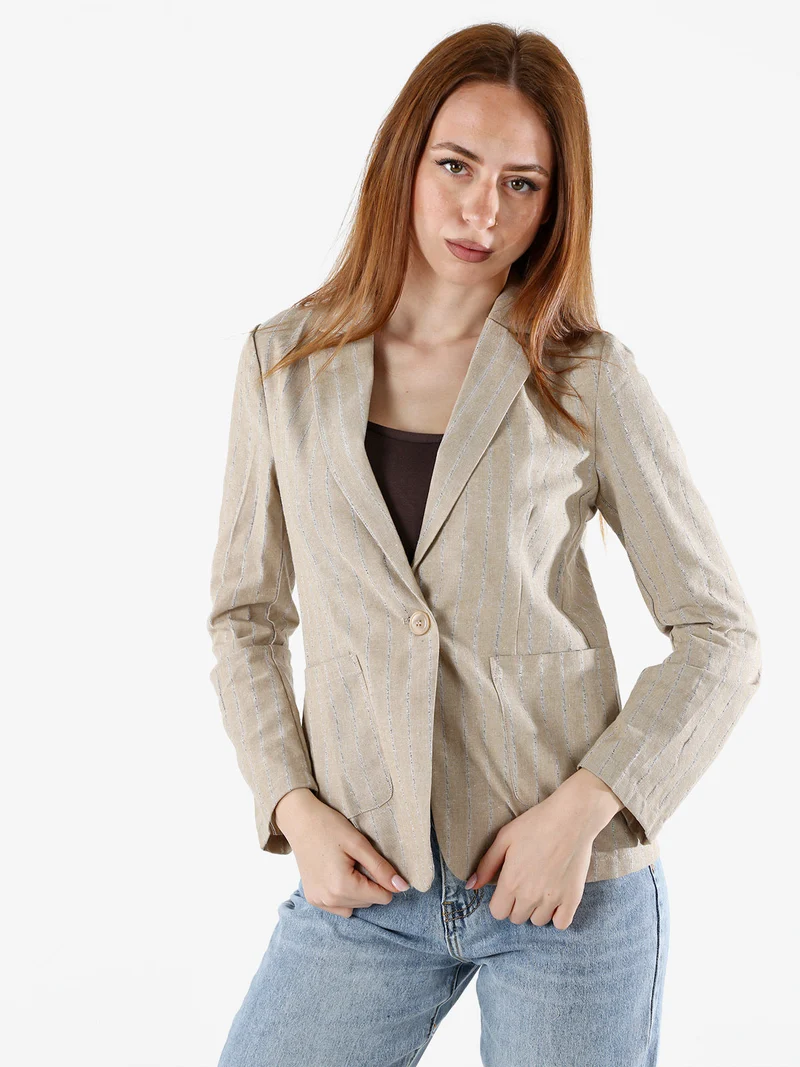 Blazer donna in misto lino e cotone con stampa a righe - beige