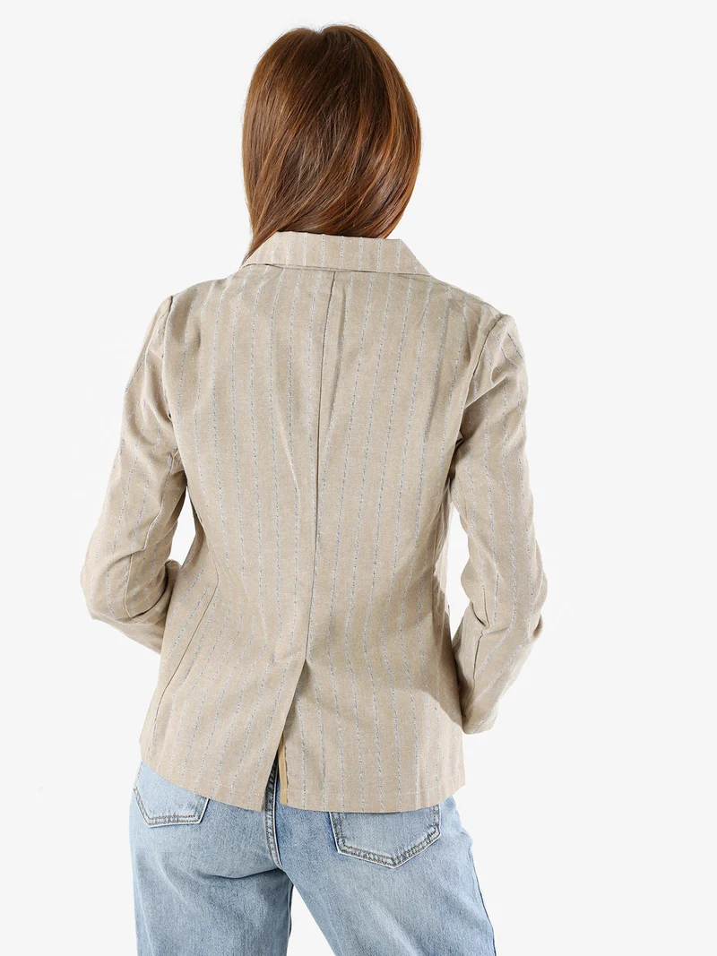Blazer donna in misto lino e cotone con stampa a righe - beige