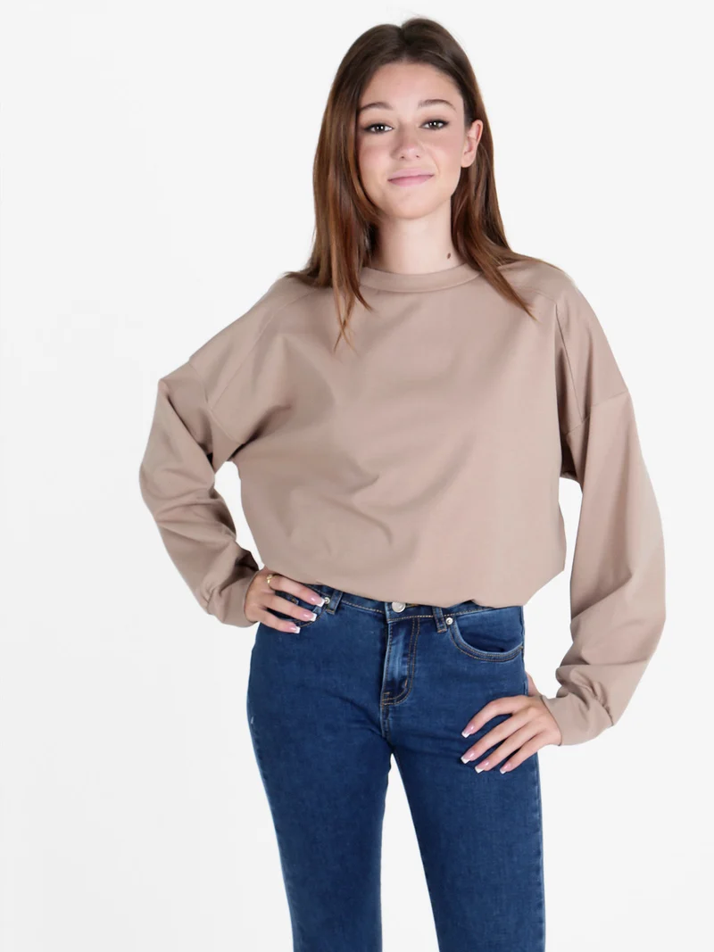 Felpa donna girocollo in misto cotone - cammello