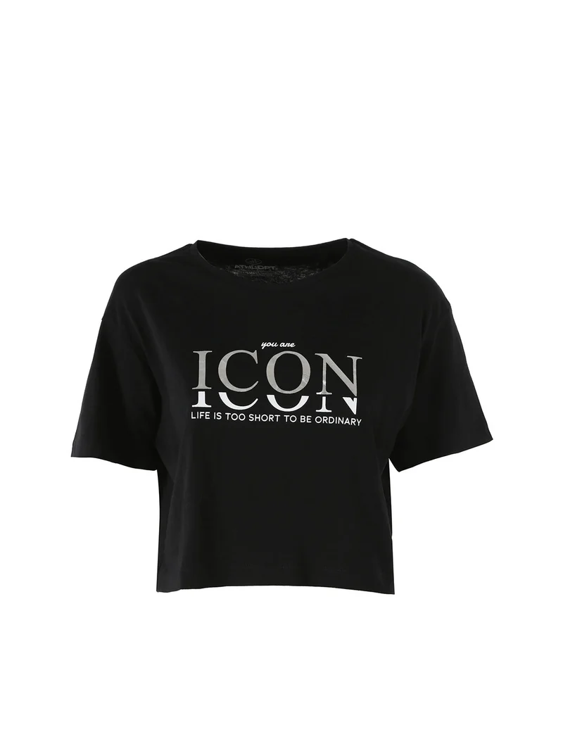 T-shirt donna cropped in cotone con stampa - nero