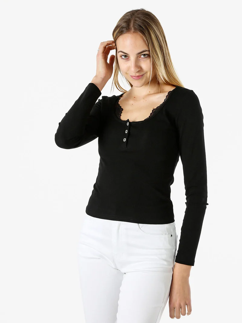 Maglietta donna in cotone a maniche lunghe con dettaglio di pizzo - nero