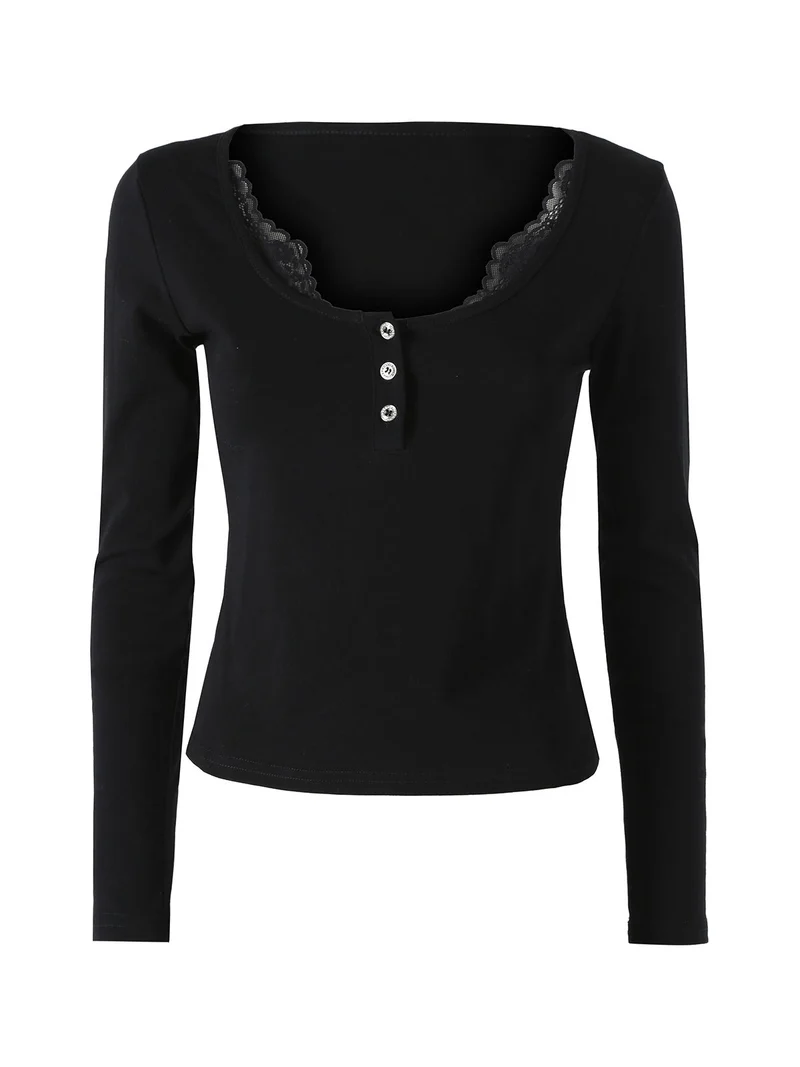 Maglietta donna in cotone a maniche lunghe con dettaglio di pizzo - nero