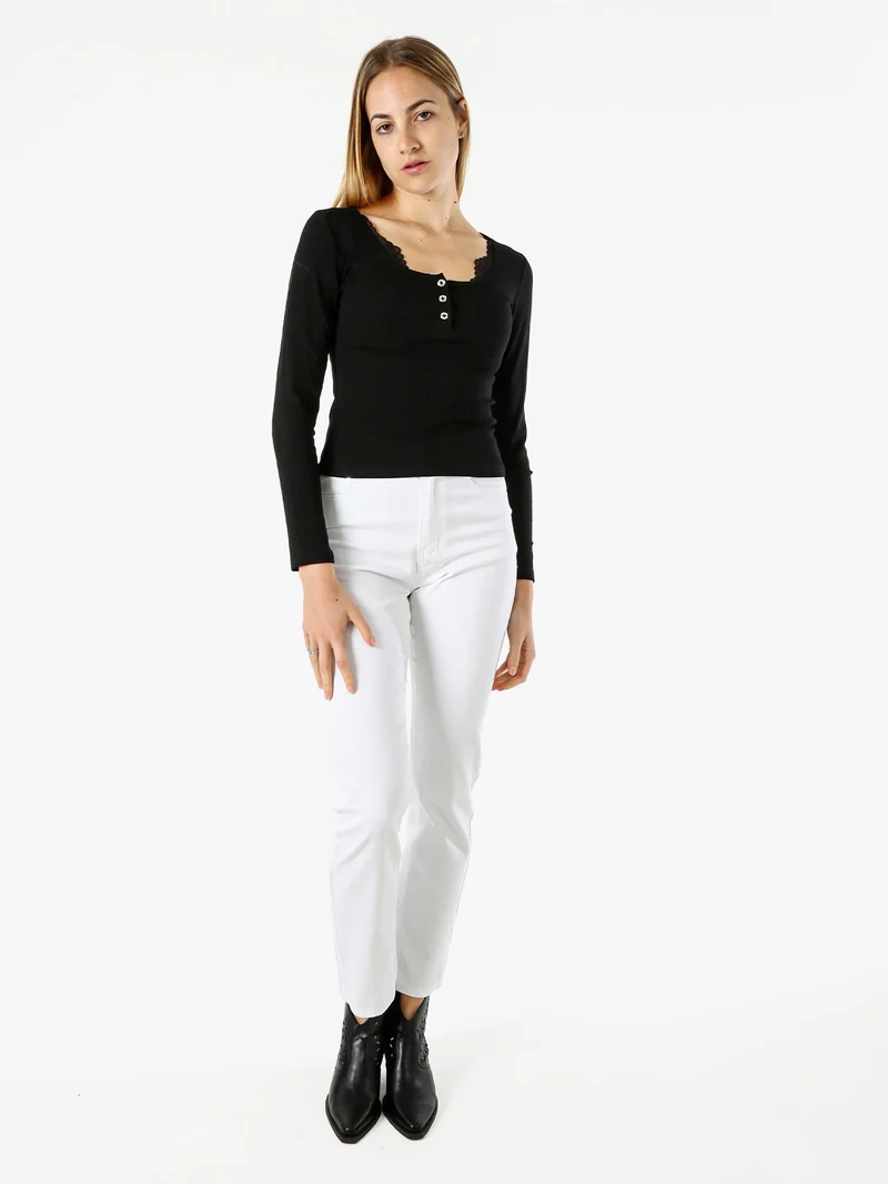 Maglietta donna in cotone a maniche lunghe con dettaglio di pizzo - nero