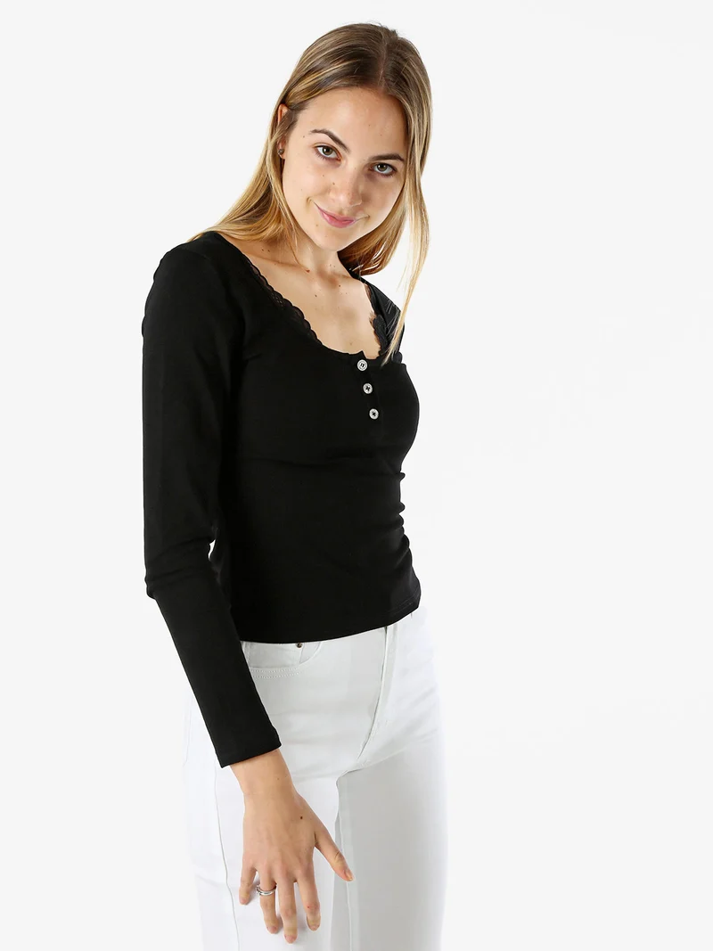 Maglietta donna in cotone a maniche lunghe con dettaglio di pizzo - nero