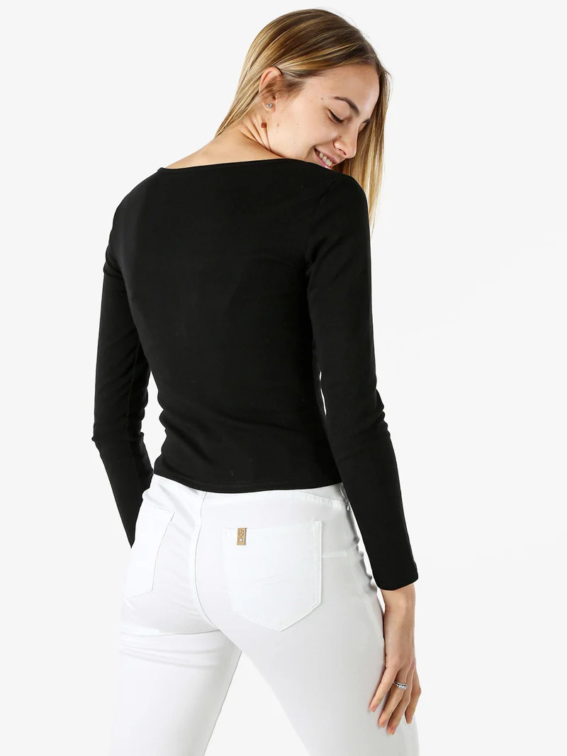 Maglietta donna in cotone a maniche lunghe con dettaglio di pizzo - nero