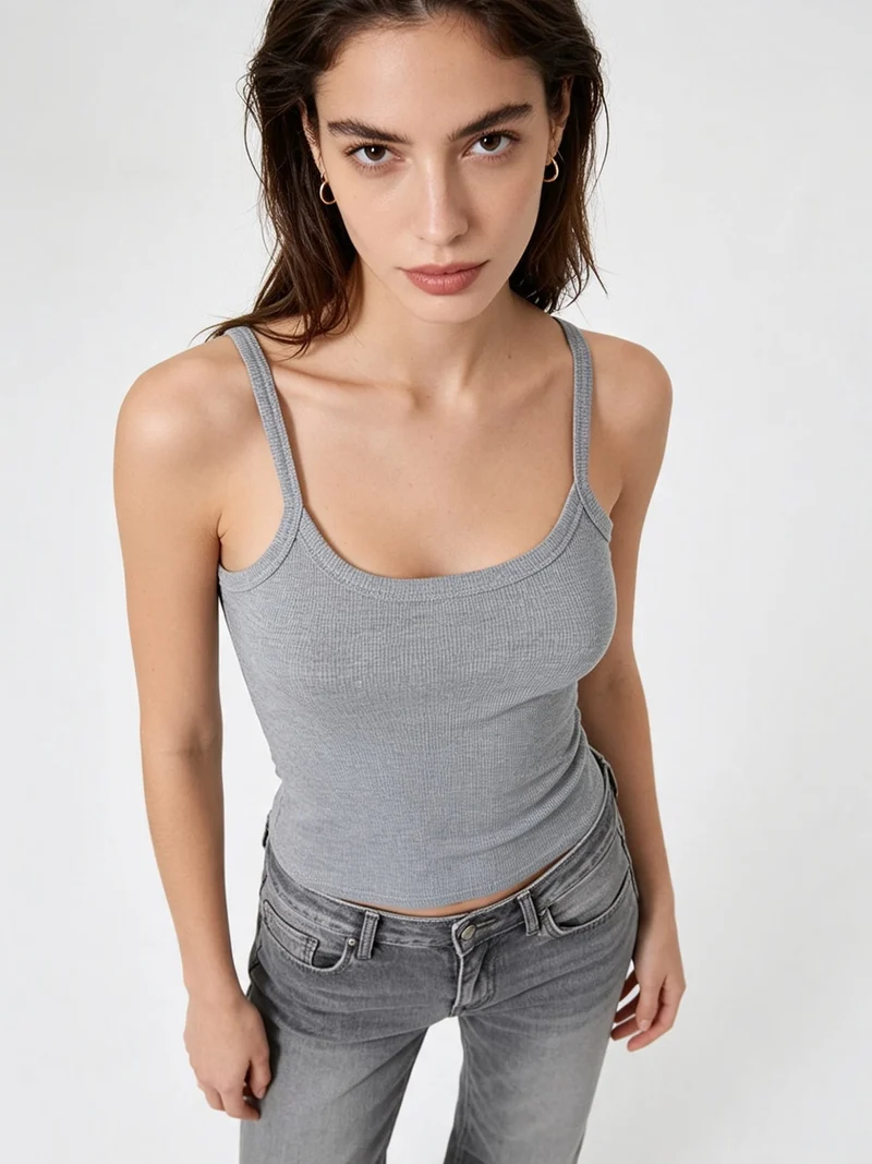 Top donna a coste con spalline strette e scollo vogatore - grigio