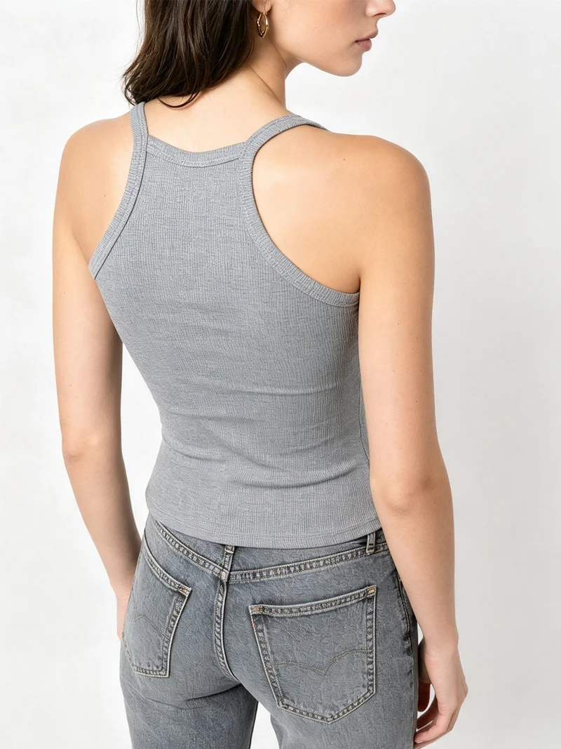 Top donna a coste con spalline strette e scollo vogatore - grigio