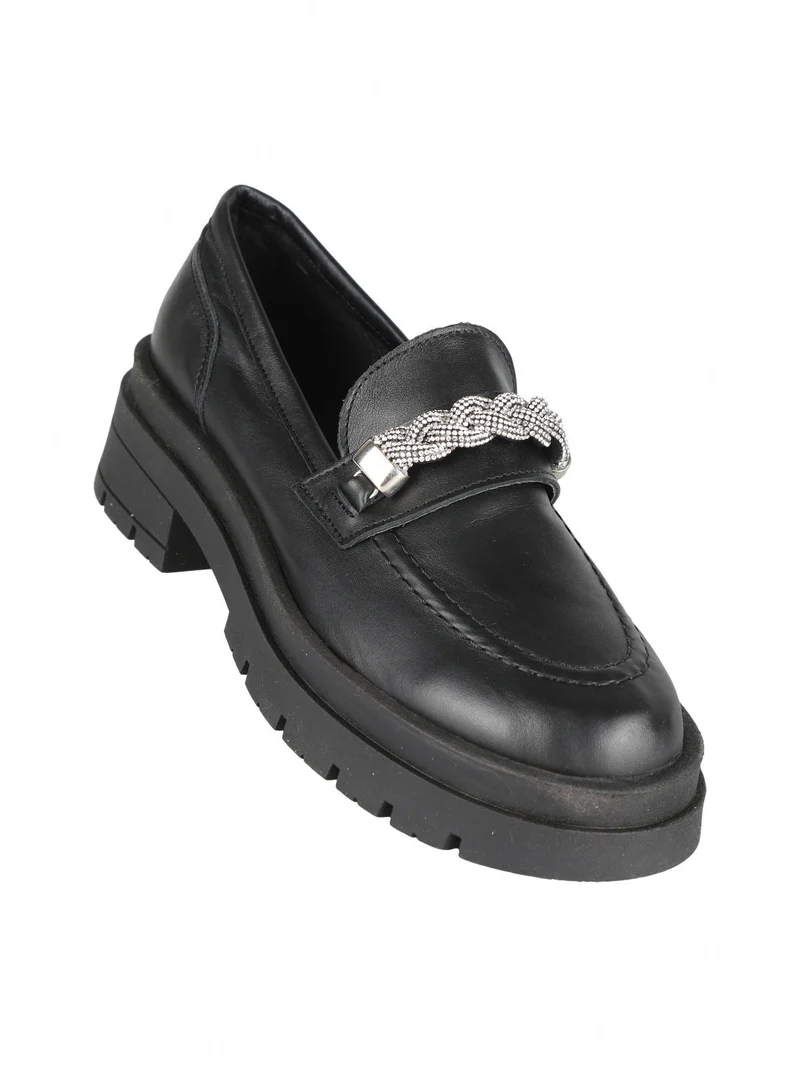 Mocassini in pelle donna con strass - nero