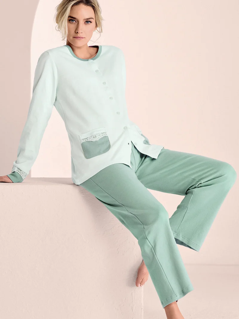 Pigiama lungo da donna aperto in cotone interlock taglie forti - acqua marina