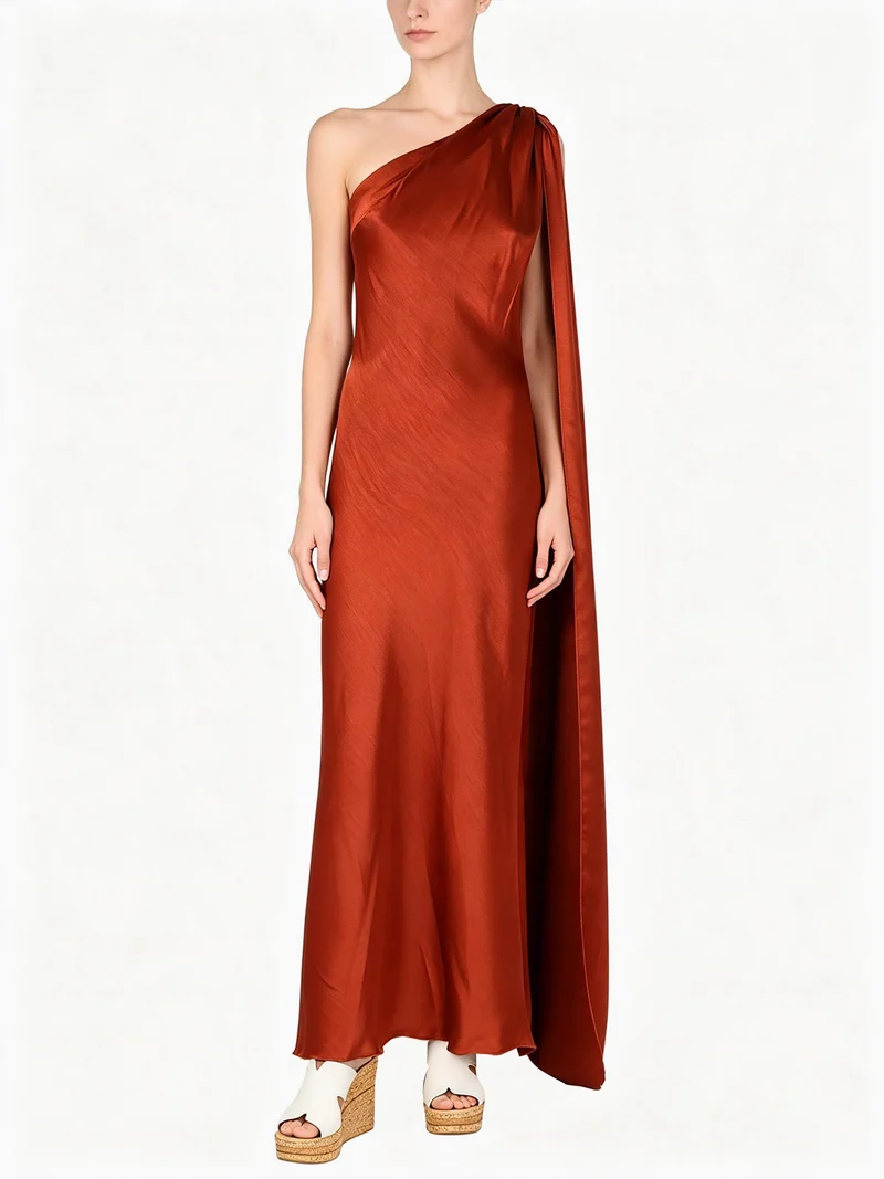 Abito elegante da donna monospalla con stola incorporata - cuoio