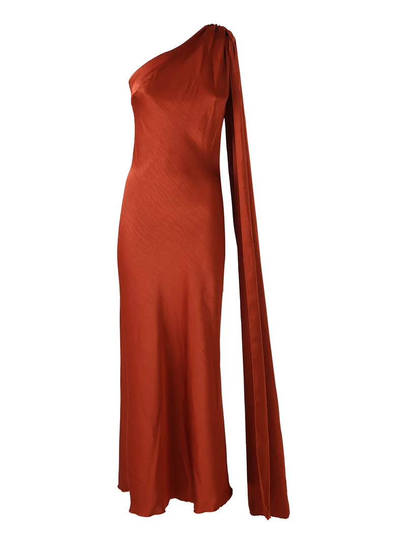 Abito elegante da donna monospalla con stola incorporata - cuoio