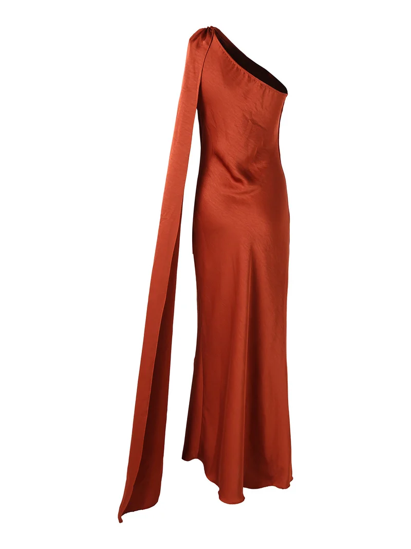 Abito elegante da donna monospalla con stola incorporata - cuoio