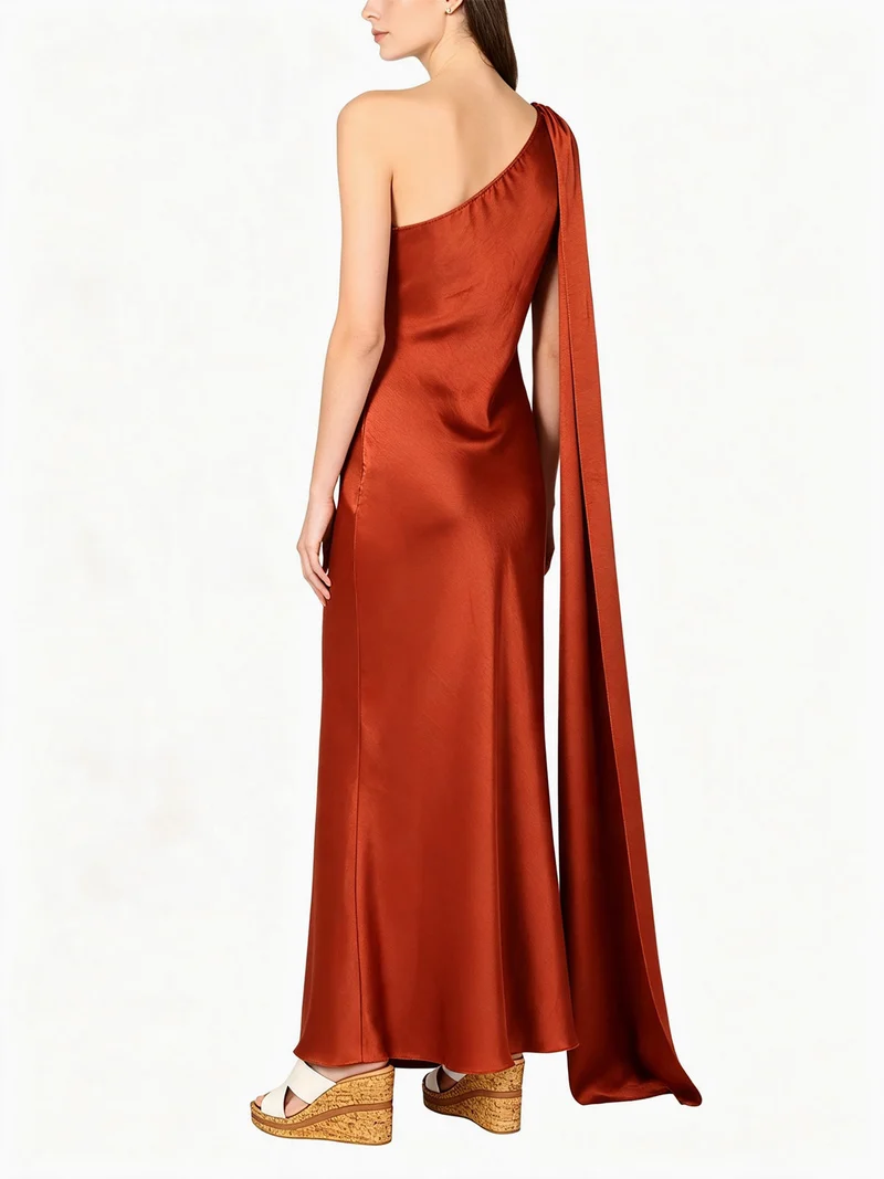 Abito elegante da donna monospalla con stola incorporata - cuoio