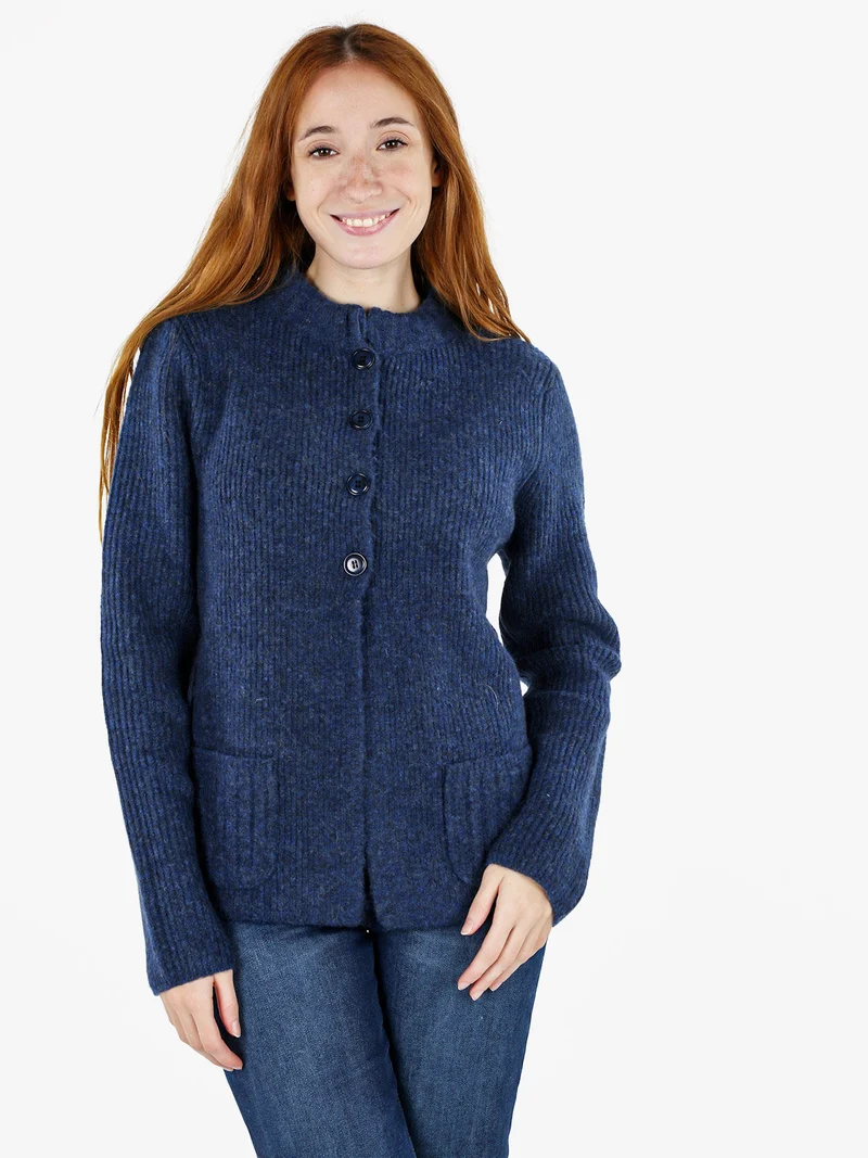 Cardigan donna in maglia con bottoni e taschini - blu scuro