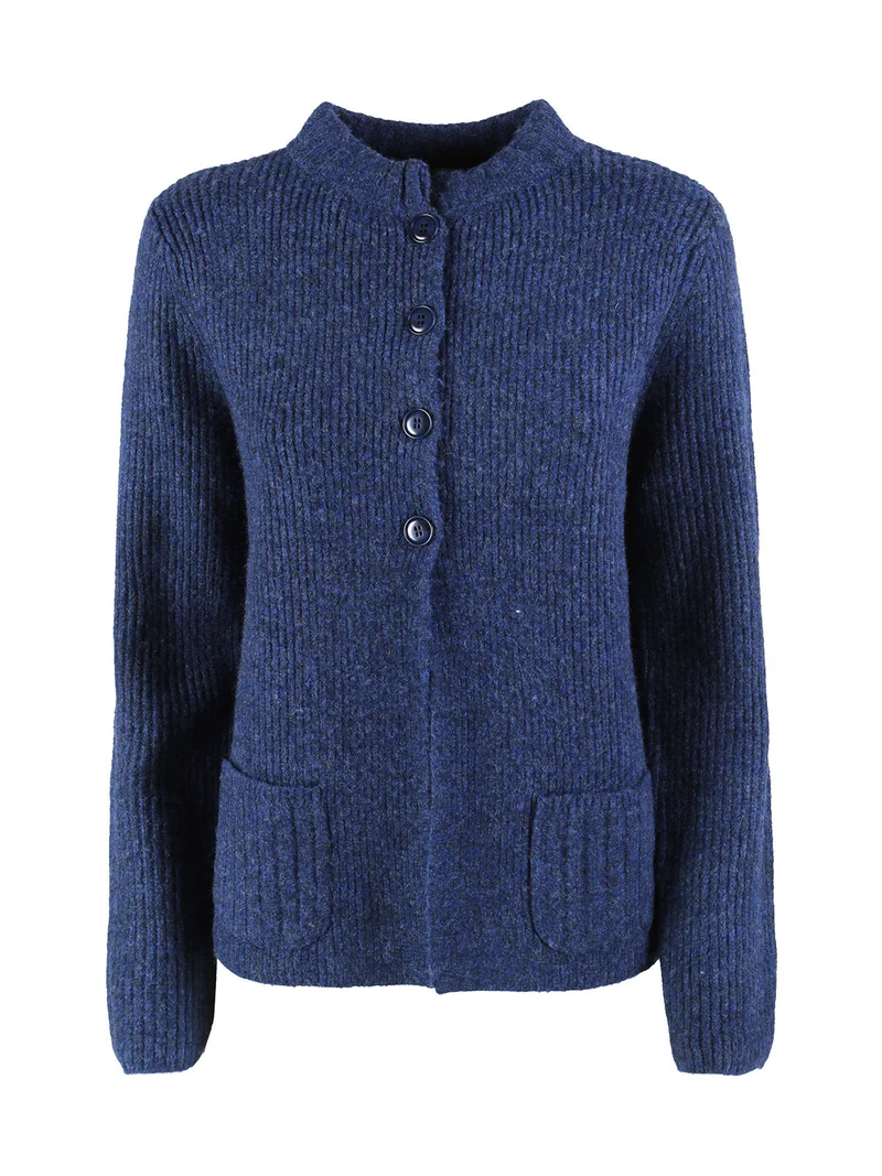 Cardigan donna in maglia con bottoni e taschini - blu scuro