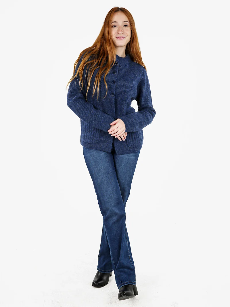 Cardigan donna in maglia con bottoni e taschini - blu scuro
