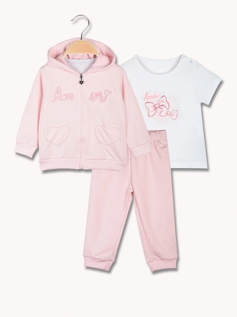 Completo da neonata 3 pezzi con cappuccio e zip - rosa