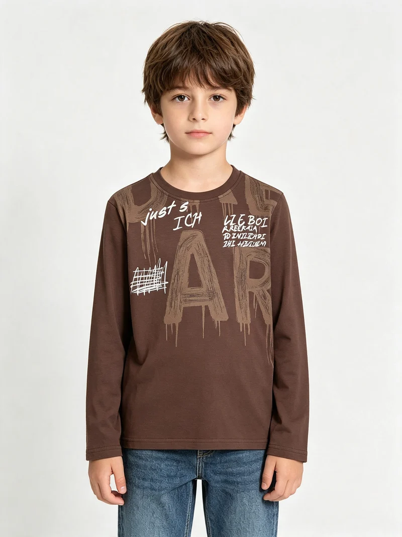 T-shirt da ragazzo a maniche lunghe con stampe - marrone
