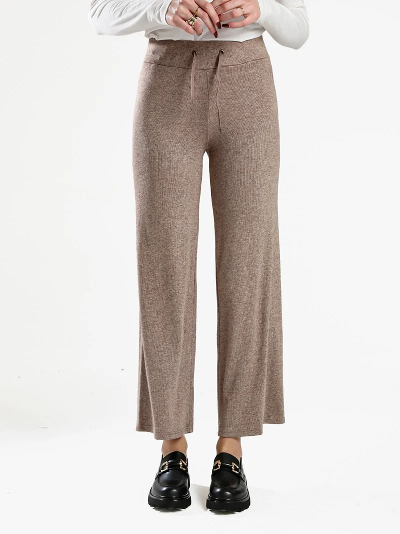 Pantaloni donna a gamba larga con coulisse - cammello