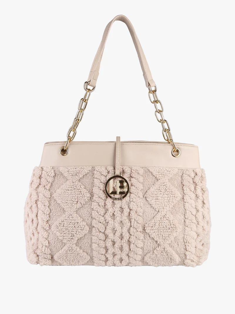 Borsa donna con ecopelo e doppi manici a catena - beige