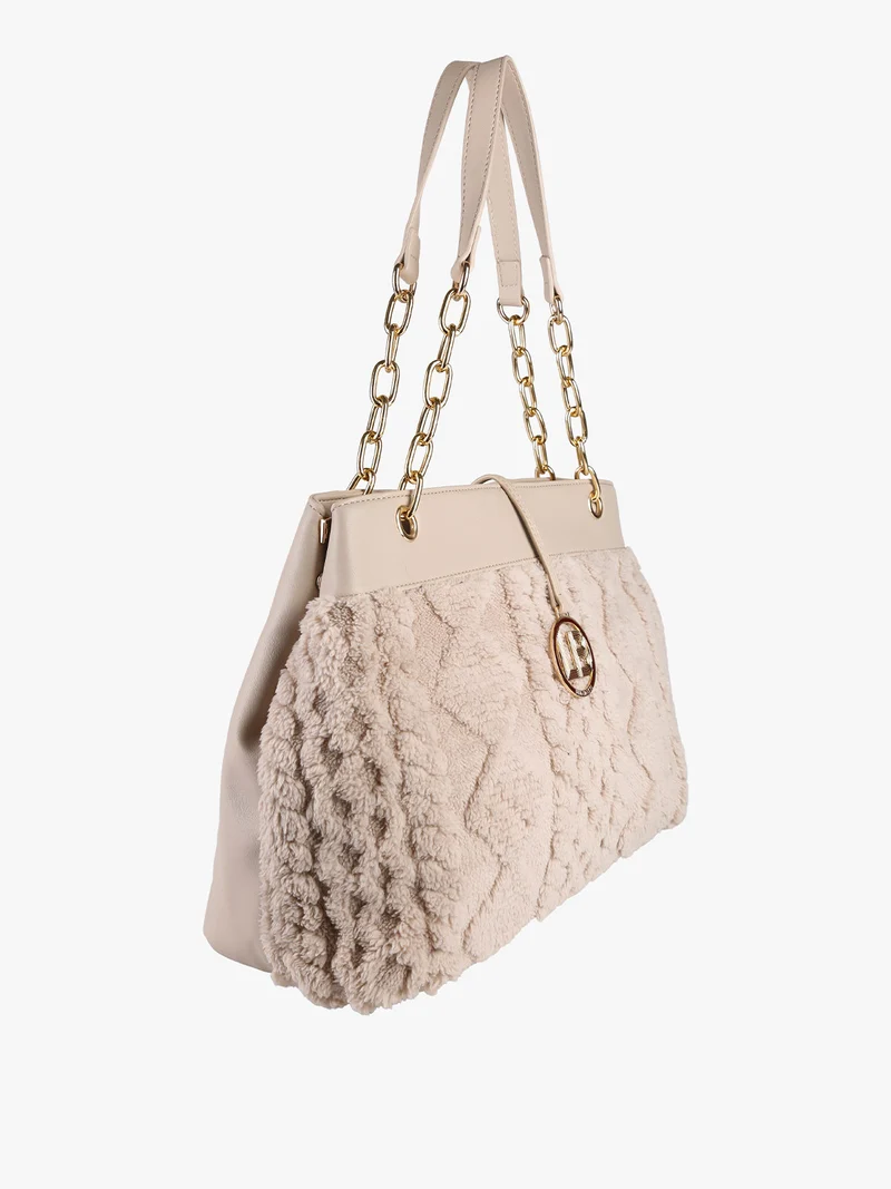 Borsa donna con ecopelo e doppi manici a catena - beige