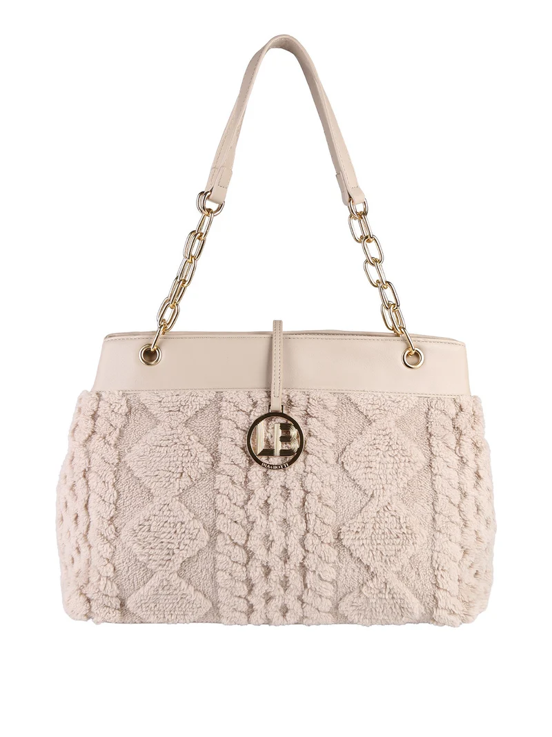 Borsa donna con ecopelo e doppi manici a catena - beige