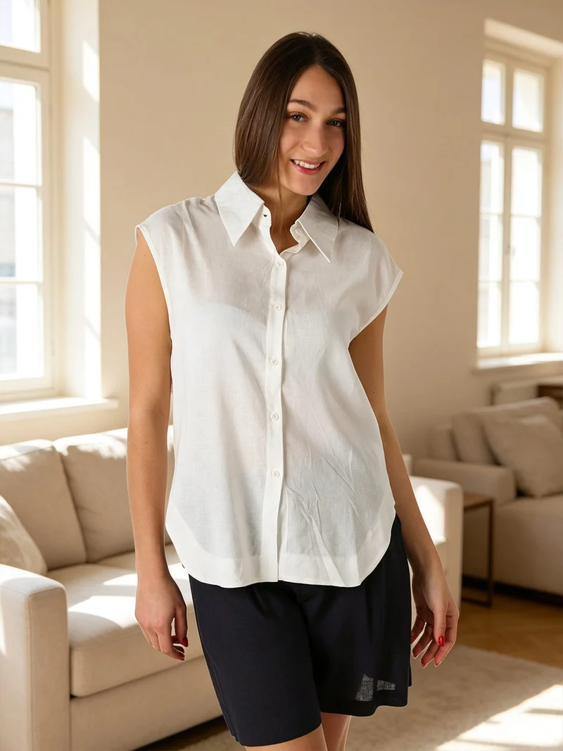 Camicia donna smanicata in misto lino - bianco