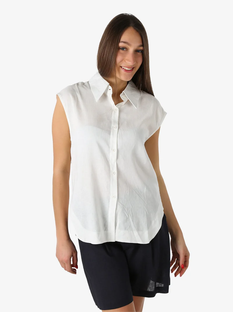 Camicia donna smanicata in misto lino - bianco