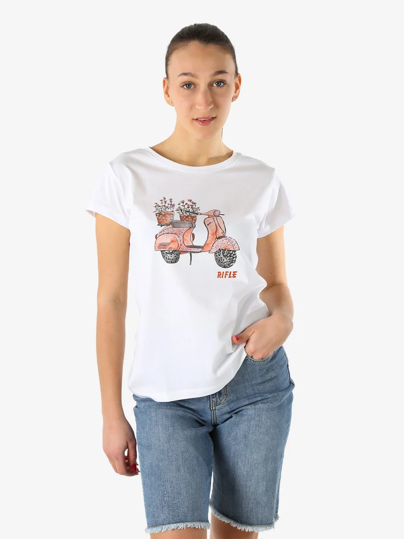 T-shirt girocollo da donna in cotone con stampe e strass - bianco