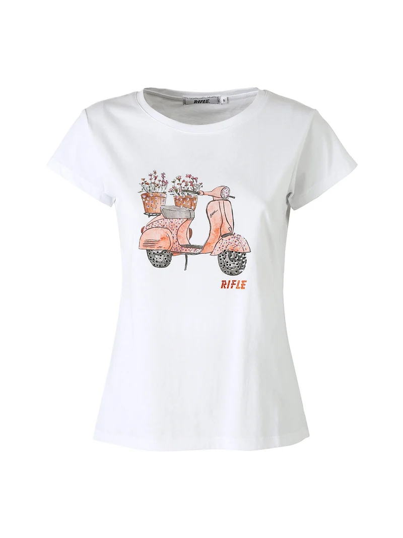T-shirt girocollo da donna in cotone con stampe e strass - bianco