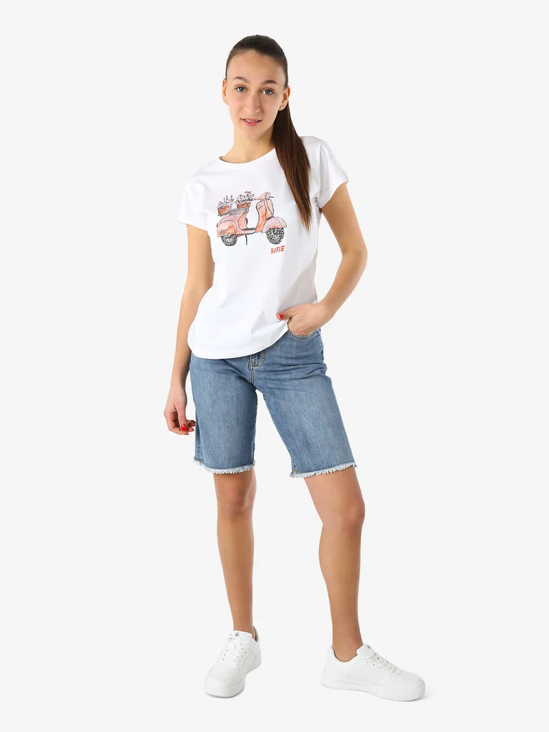 T-shirt girocollo da donna in cotone con stampe e strass - bianco