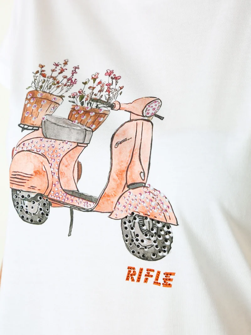T-shirt girocollo da donna in cotone con stampe e strass - bianco