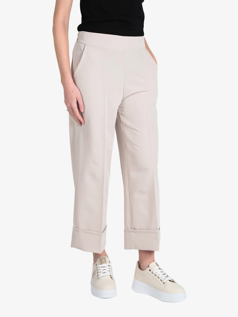 Pantaloni donna crop con risvolto alto - beige