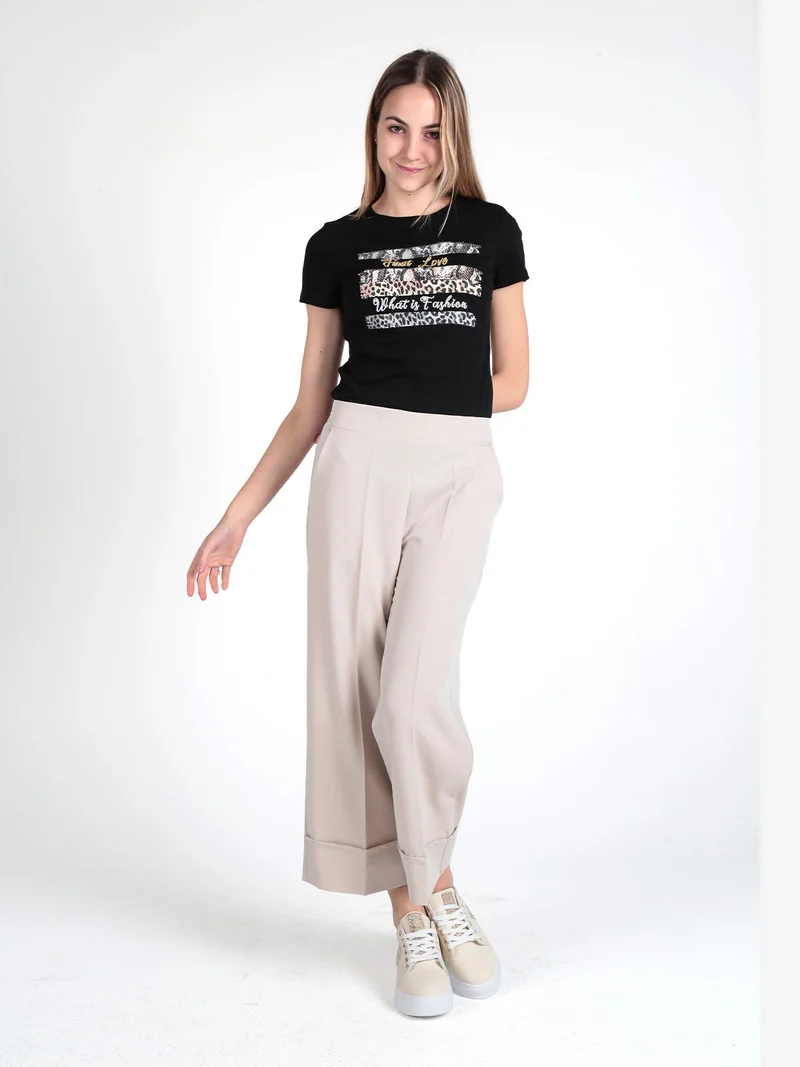 Pantaloni donna crop con risvolto alto - beige