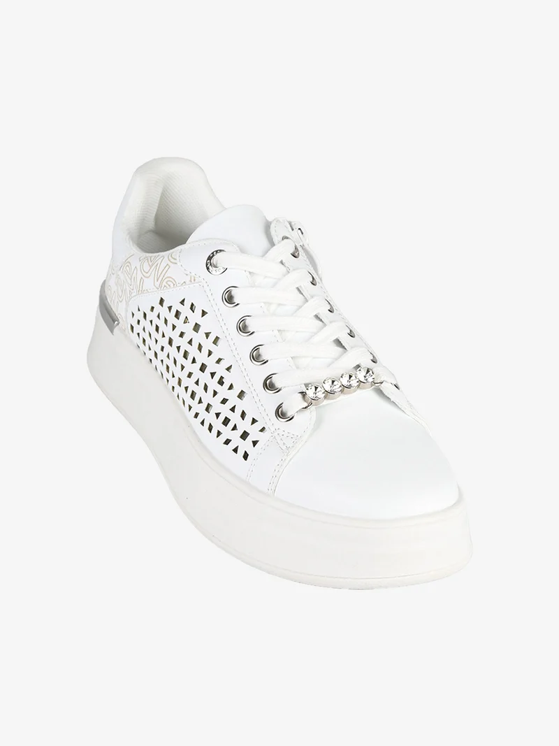 Sneakers donna con lacci e zip e dettaglio strass - bianco