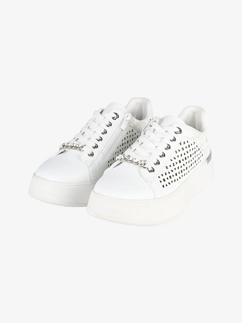 Sneakers donna con lacci e zip e dettaglio strass - bianco