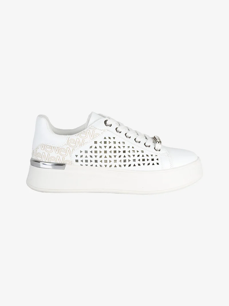 Sneakers donna con lacci e zip e dettaglio strass - bianco
