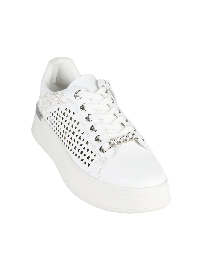 Sneakers donna con lacci e zip e dettaglio strass - bianco