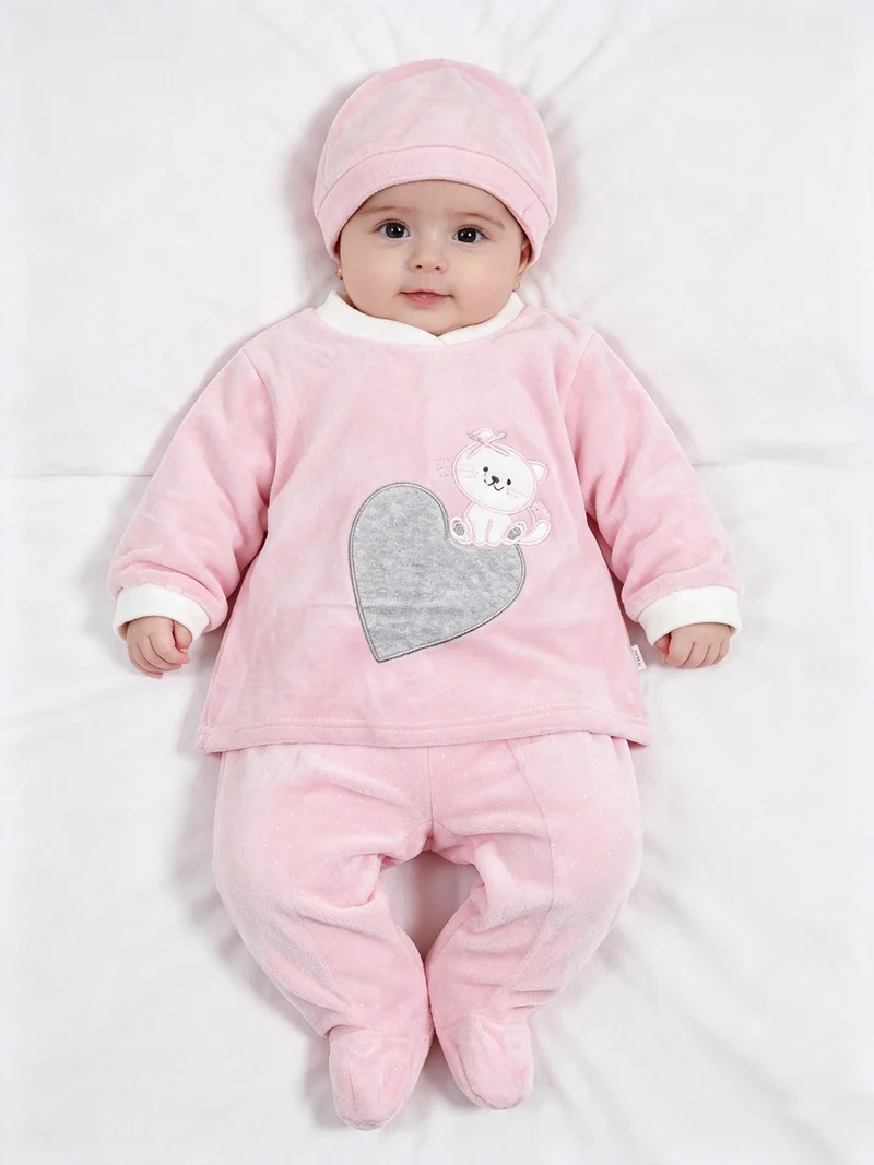 Completo lungo da neonata in ciniglia con accessori - rosa