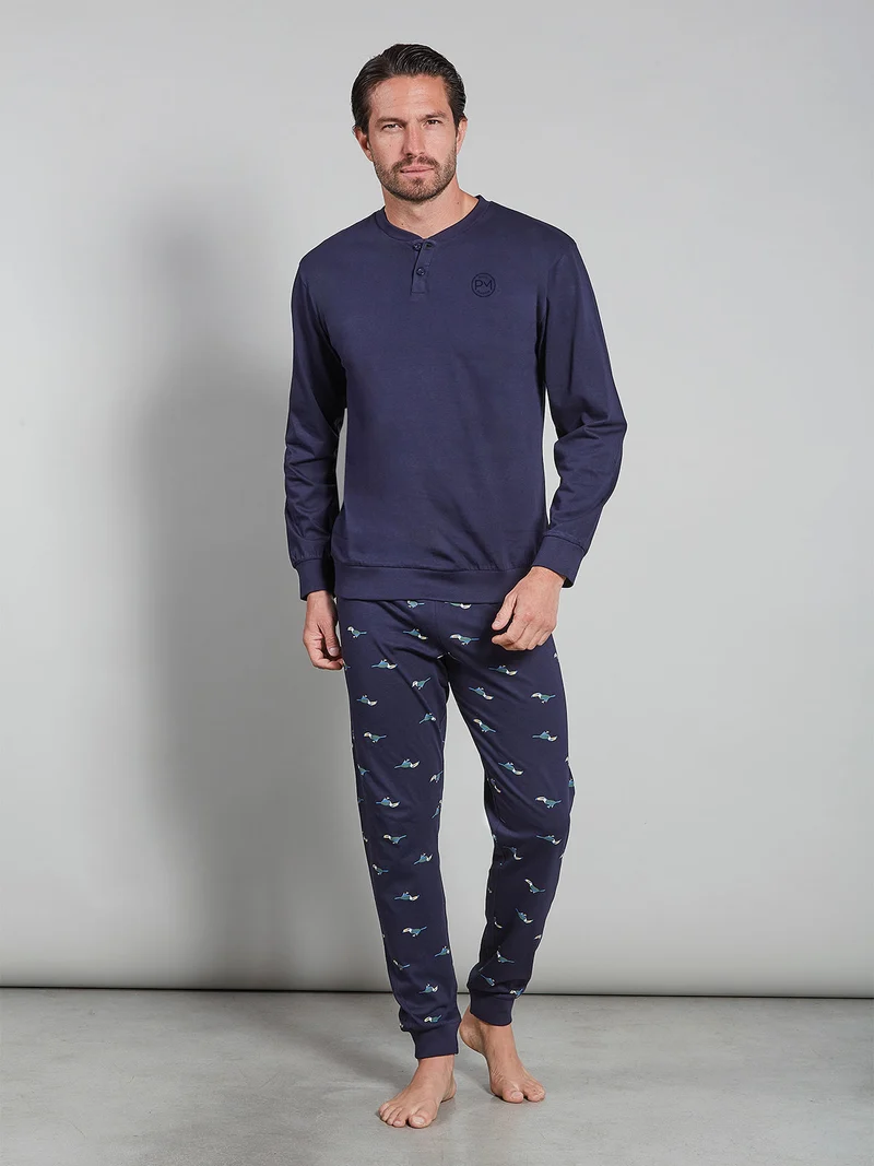 Pigiama lungo da uomo in cotone naturale - blu scuro