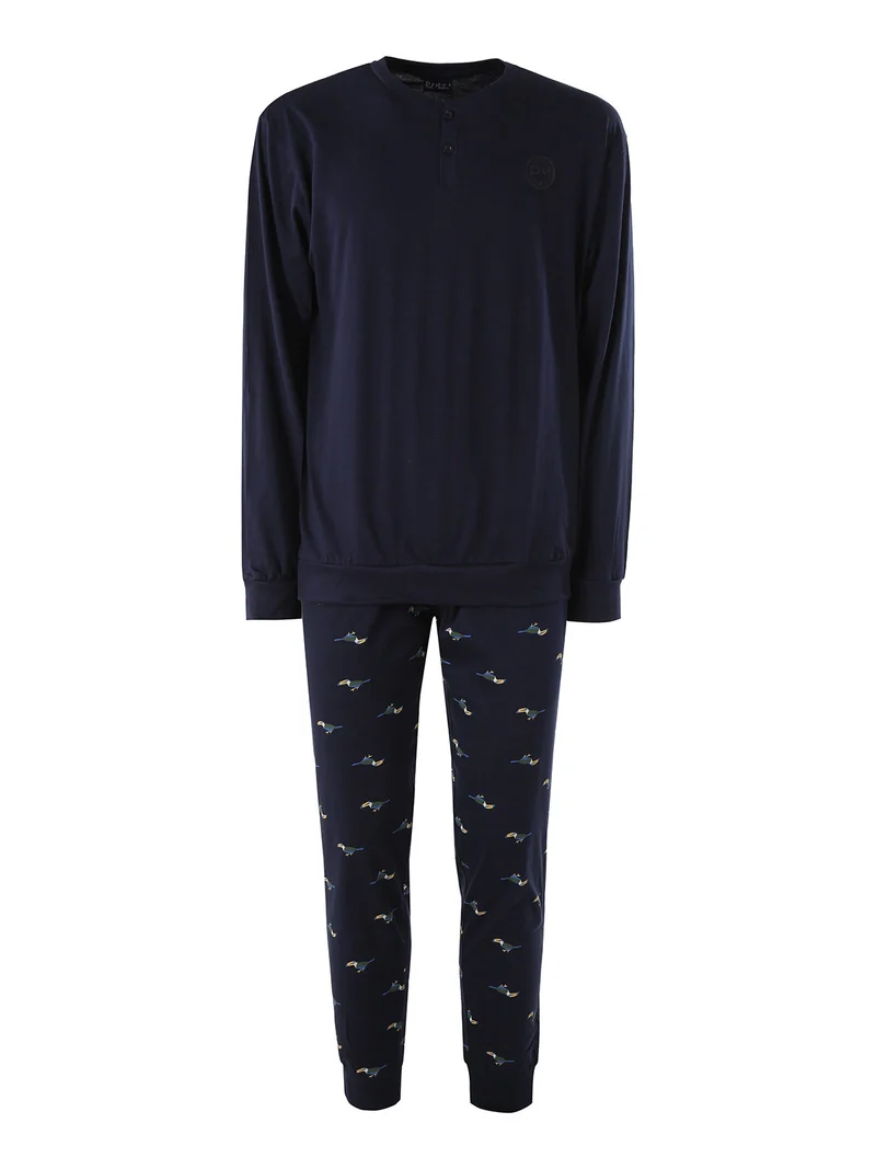 Pigiama lungo da uomo in cotone naturale - blu scuro