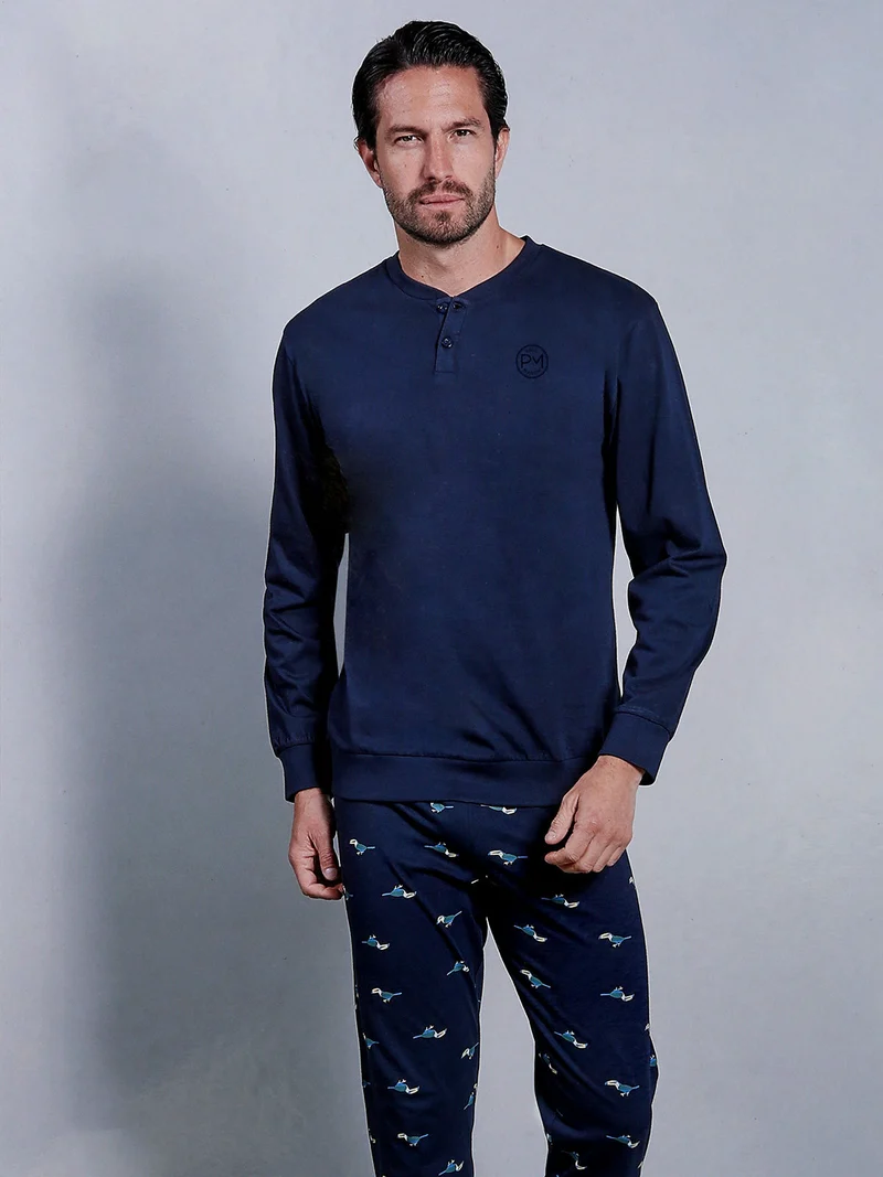 Pigiama lungo da uomo in cotone naturale - blu scuro