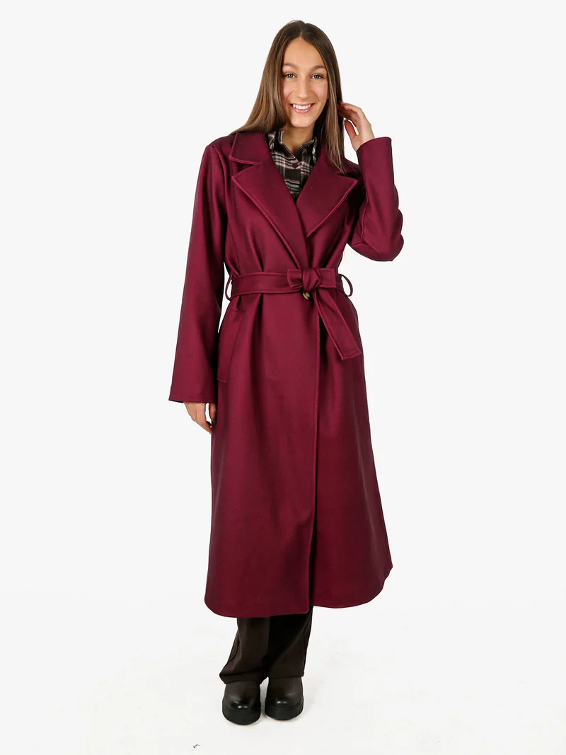 Cappotto lungo da donna a doppiopetto - bordeaux