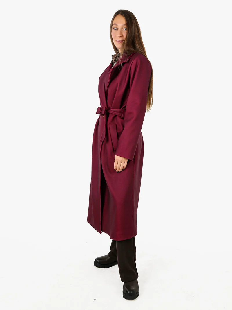 Cappotto lungo da donna a doppiopetto - bordeaux