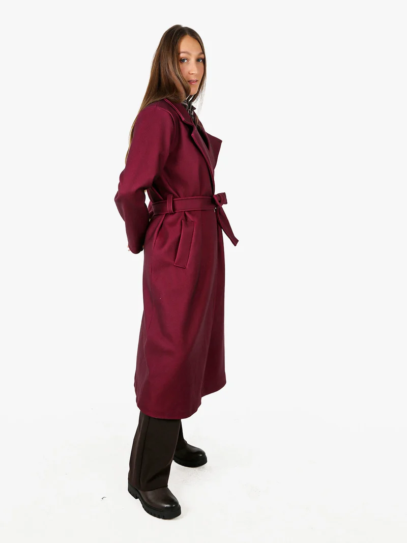 Cappotto lungo da donna a doppiopetto - bordeaux