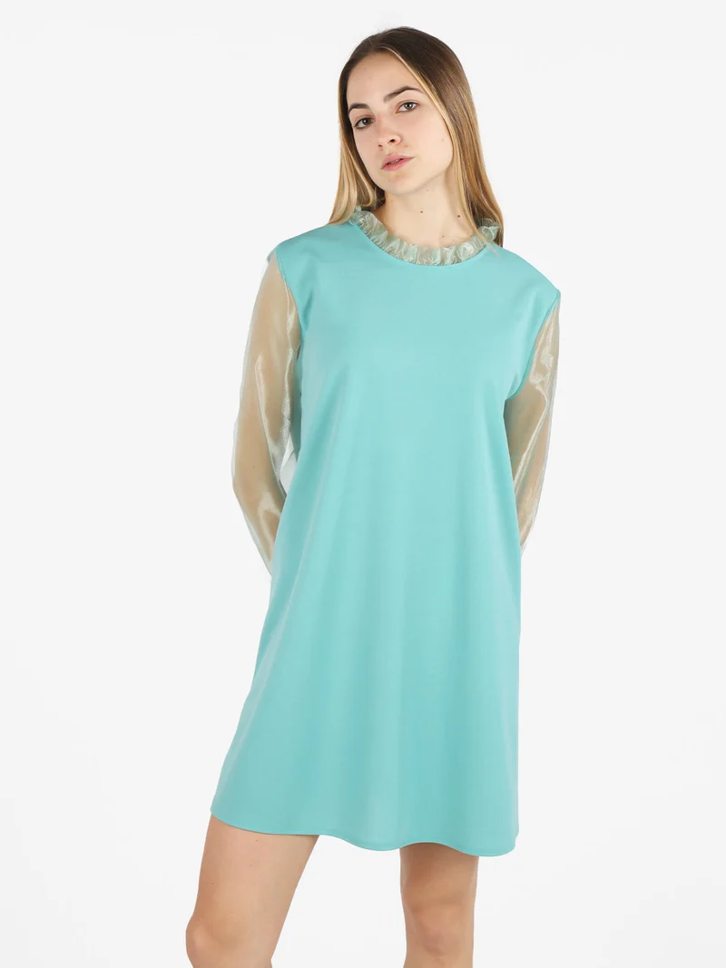 Abito donna con colletto alla coreana e maniche in tulle - acqua marina