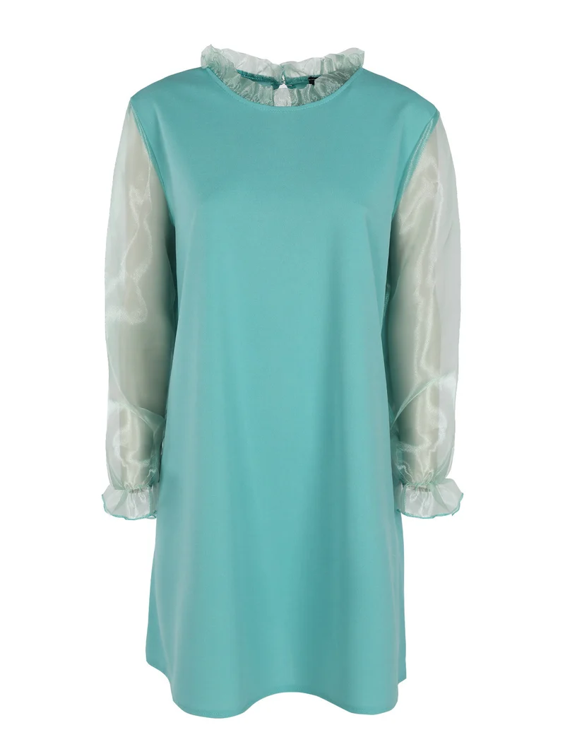 Abito donna con colletto alla coreana e maniche in tulle - acqua marina