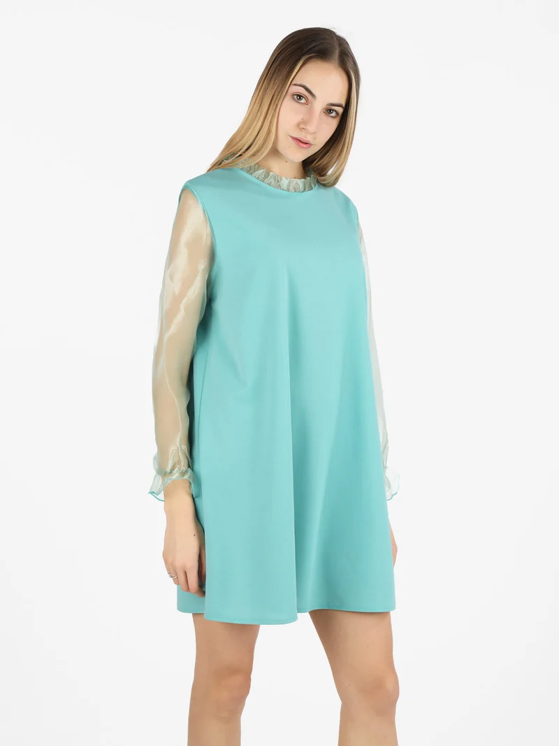 Abito donna con colletto alla coreana e maniche in tulle - acqua marina