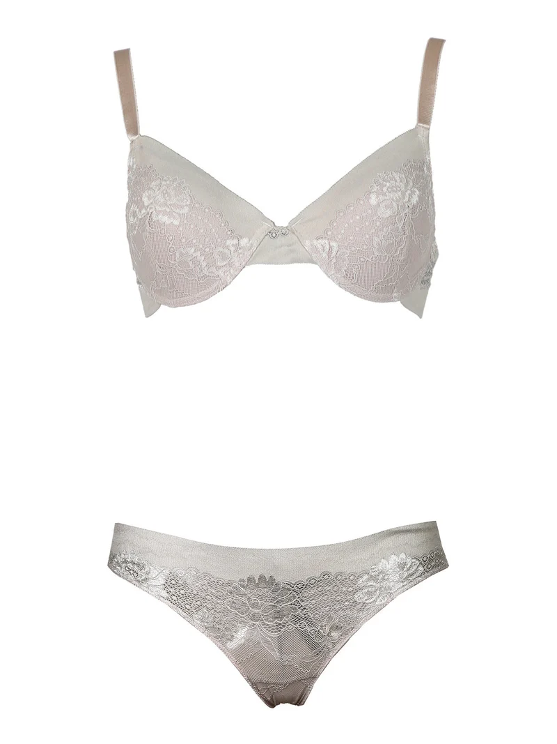 P0674C Reggiseno imbottito + slip in pizzo - sabbia