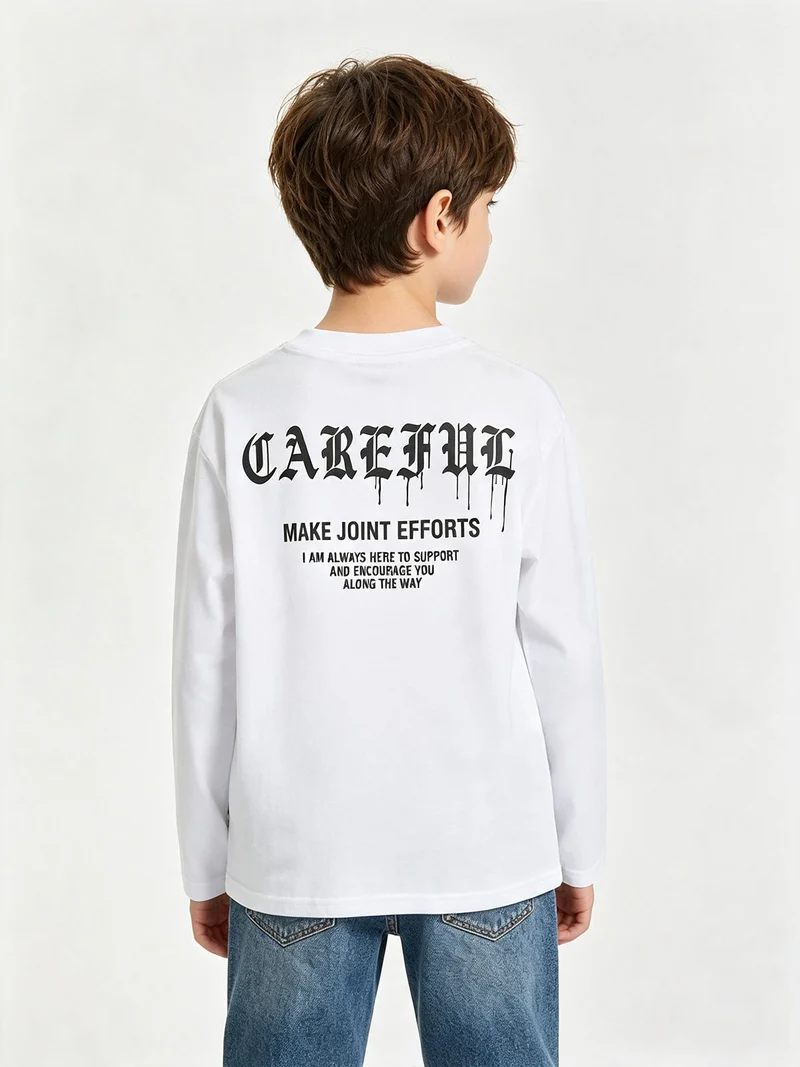 T-shirt da ragazzo a maniche lunghe con scritte davanti e dietro - bianco